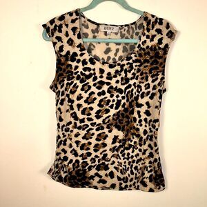 Kasper Blouse Top Womens 14 Brown Leopard Print Scoop Neck Maximalist Mob Wife